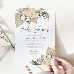 Tropical Baby Shower Invitation, Beachy Boho, Gender Neutral, Beach Themed Invites, Instant Download Editable Template, Dried palm, Templett