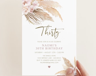 30th Birthday Invitation for women, Boho Theme, Instant Download Template, Bohemian Invites for adult, 40th, 50th, Thirty, Templett