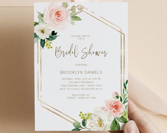 Bridal Shower Invitation Floral, Instant Download, Pink Gold, Garden Brunch Invite, Printable Template, Templett