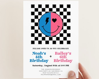 Joint Birthday Invitation Boy Girl, Combined Kids Party Invite Smile Face, Twins Siblings, Double, Digital Download, Templett j1
