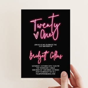 21st Birthday Invitation Digital, Editable Template, Twenty first, 21 Bday Invite, Neon Light Hot Pink, for girl, Instant Download, Templett