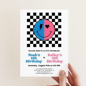Joint Birthday Invitation Boy Girl, Combined Kids Party Invite Smile Face, Twins Siblings, Double, Digital Download, Templett j1