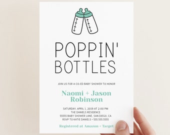 Coed Baby Shower Invitation: Gender Neutral, Poppin Bottles (Digital Download)