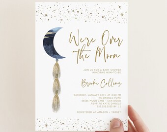 Over the Moon Baby Shower Invite, Boy, Printable Template, Star Moon Celestial Invitation, Editable Templett