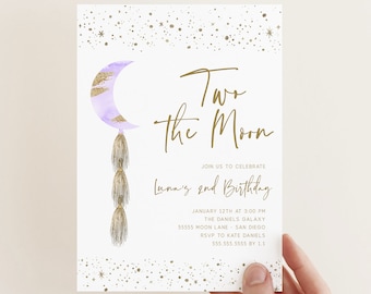 May include: Purple and gold crescent moon with gold tassels hanging from it. The text "Two the Moon" and "Luna's 2nd Birthday" is written in gold script. The background is white with gold glitter.