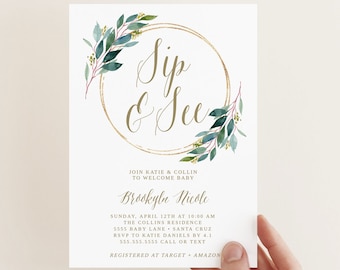 Greenery Sip and See Invitation Template (INSTANT DOWNLOAD)