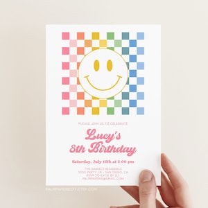Birthday Invitation Girl, Checkered Smile, Happy Face, Digital Template, Kids Bday Party Invites, 8th, 7th, 5th, 12, 13th, Teen, Templett