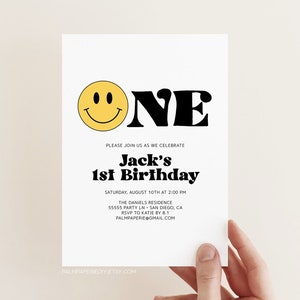 1st birthday Invitation boy, Smile, Face, Template, Happy face Bday Invite, One, Instant Download, Kids Party, Digital, Templett