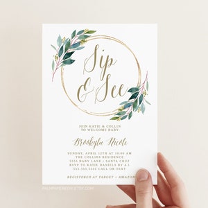 Sip and See Invitation greenery, INSTANT DOWNLOAD template, Meet and greet baby shower, girl, boy, TEMPLETT
