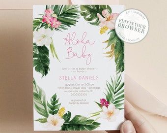 Tropical Baby Shower Invitation,  instant download, Summer Invitations Girl, Aloha, Editable Template, Templett