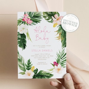 Tropical Baby Shower Invitation,  instant download, Summer Invitations Girl, Aloha, Editable Template, Templett