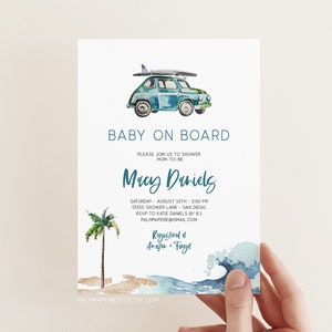 Baby on Board Invitation, Beach Baby Shower, Instant Download Template, Surf theme Invite, Boy, Summer, Editable Templett, Printed Option