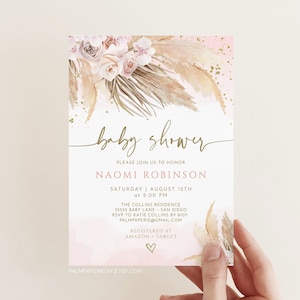 Boho-Babyparty-Einladung Mädchen, Pampasgrass lädt ein, digitaler Download, Boho, Blush rosa Gold, bearbeitbare Vorlage, Templett