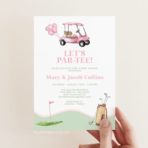 Golf Baby Shower Invitation Girl, Golfing theme invites, Couples Shower Coed, Tee time, Pink, Editable Download Template, Templett G2