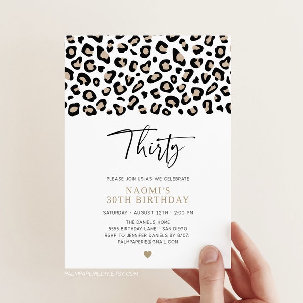 Birthday Invitations for Women, Leopard Print Invites, Instant Download Template, 30th Bday, Thirty, 40th, Modern, Editable Templett