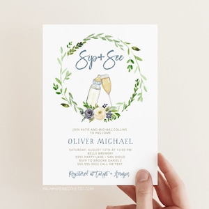 Sip and See Invitation Boy digitale, modello di download istantaneo, Co Ed, Invito baby shower, Incontra il bambino, Templett stampabile