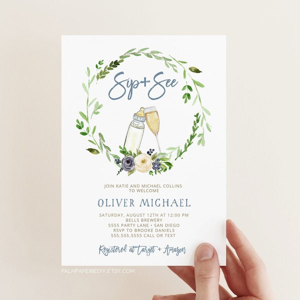 Sip and See Invitation Boy digital, plantilla de descarga instantánea, Co Ed, Baby Shower Invite, Meet the Baby, Templett imprimible