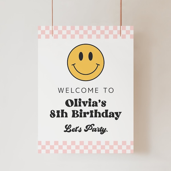 Smile Face Birthday Party Welcome Sign, Party Signage Decor, Teen Bday, 8th, 10th, 5, Editable Template, Pink Checkered, Templett