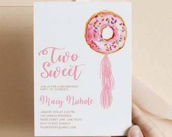 Donut 2nd Birthday Invitation, Two Sweet, Girl Party (Printable Template)