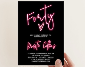Neon 40th Birthday Invitation Template (Editable Download)