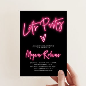 Neon Light Birthday Invitation, Editable Template, Adult bday Invite, Teen, Hot Pink, girl, ANY AGE, Let's Party, Instant Download, Templett