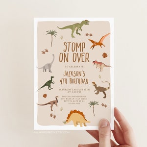 Dinosaur Birthday Party Invites for Boy, Editable Template, Dino Invitations Kids, Neutrals, 3rd, 4th Bday, Instant Download, Templett