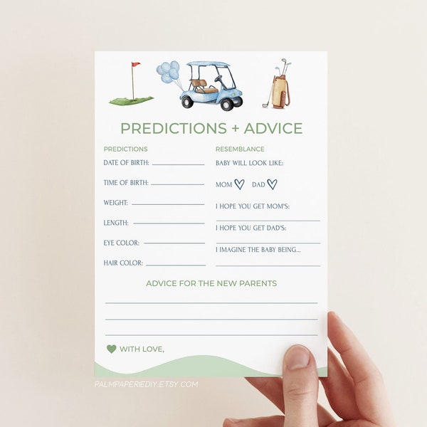 Golf Baby Shower Predictions and Advice, Golfing Theme, Instant Download, Games, Shower Activity, for boy, Neutral, Partee, Templett G1