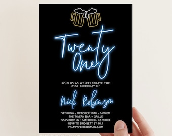 Neon 21st Birthday Invitation Template, Beer Theme (Instant Download)