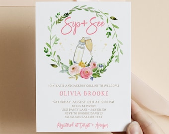 Invitación "Sip and See" para niña: Baby Shower floral (plantilla digital)