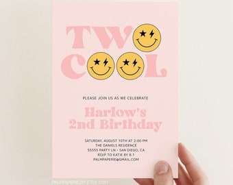 2nd Birthday Invitation Girl, Two Cool Invite, Smile Face Bday Party, Editable Template, Pink Checkered, Digital Download, Templett