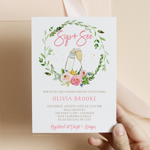 Sip and See Invitation Girl, instant download template, Digital, CoEd, Baby Shower Invites, Meet and greet, Editable Templett