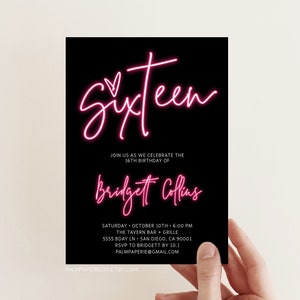 Plantilla de invitación de cumpleaños número 16 en neón (descarga digital)