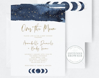 Invitation à la baby shower Over the Moon, téléchargement numérique, invitations pour garçon, modèle imprimable, Templett