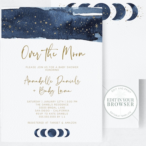 Printable Template Digital Download Invites for Boy Over the Moon Baby Shower Invitation Templett