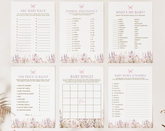 Op de afbeelding: Een set met printbare babyshower-spellen met een bloemen- en vlinderthema. De spellen omvatten: ABC Baby Race, Animal Pregnancy, Who's My Baby?, The Price is Right, Baby Bingo en Baby Word Scramble.