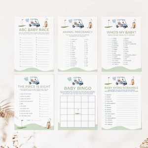 Golf babyshower spelletjesbundel, afdrukbaar, golfthema, activiteiten, voor jongen, genderneutraal, bingo, scramble, co-ed partee, Templett, G1