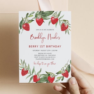 Berry 1st Birthday Invitation, Instant Download Template, Strawberry Invites for girl, Summer, First Bday, Printed Option, Editable Templett