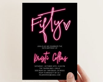 50th Birthday Invitation Template, Fifty Invite for women, Editable Template Download, Neon Lights, Hot Pink, 50 Bday Party, Templett