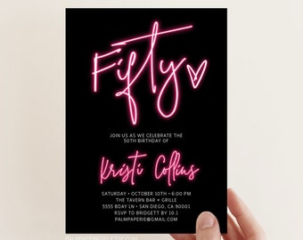50th Birthday Invitation Template, Neon Pink Lights (Editable Download)