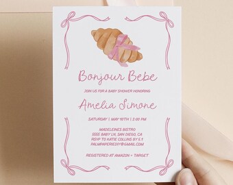 Bonjour Bebe Shower Invitation, Croissant Baby Shower Invite, Girl, Digital Template
