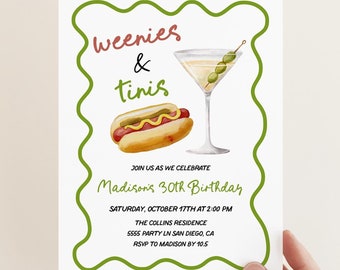 Weenies and Tinis Party Invitation, Martini Birthday, Hot Dog, Digital Template