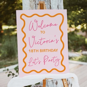 Wavey Birthday Party Welcome Sign Template, Retro Pink Orange Signage Decor, Womens, Teen, Squiggle, Digital Download, Templett