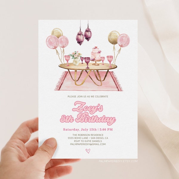 Boho Birthday Invitation Girl, Picnic Party Boho, Instant Download Editable Template, Sleepover, 5th, 8th, 10th, Pink Invites, Templett