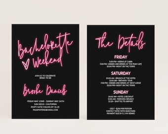 Hot Pink Neon Bachelorette Party Invitation with Itinerary (Instant Download)