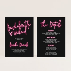 Hot Pink Bachelorette Party Invitation with Itinerary, Neon Lights, Las Vegas, Instant Download, Bach Bash Weekend, Vegas, Austin, Templett