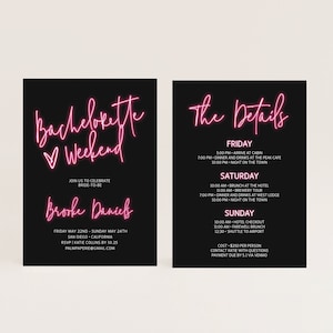 Hot Pink Bachelorette Party Invitation with Itinerary, Neon Lights, Las Vegas, Instant Download, Bach Bash Weekend, Vegas, Austin, Templett