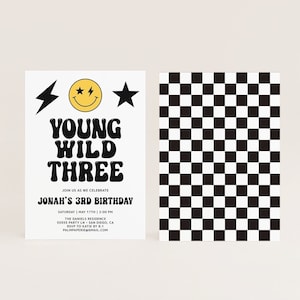 3rd Birthday Invitation, Young Wild Three Invites for Boy, Smile Lightning Bolt, Digital Download Template, Templett v3