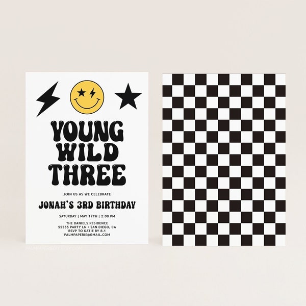 3rd Birthday Invitation, Young Wild Three Invites for Boy, Smile Lightning Bolt, Digital Download Template, Templett v3