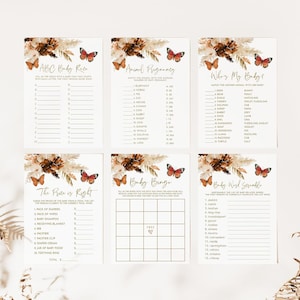 Butterfly Baby Shower Games Bundle, Printable, Monarch Butterfly Kisses, Activities, Gender Neutral, Bingo, Scramble, Templett