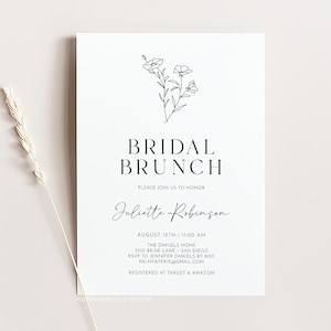 Bridal Brunch Invitation Template, Instant Download, Simple Shower Invites, Minimalist Botanical Black White, Modern, Digital Templett